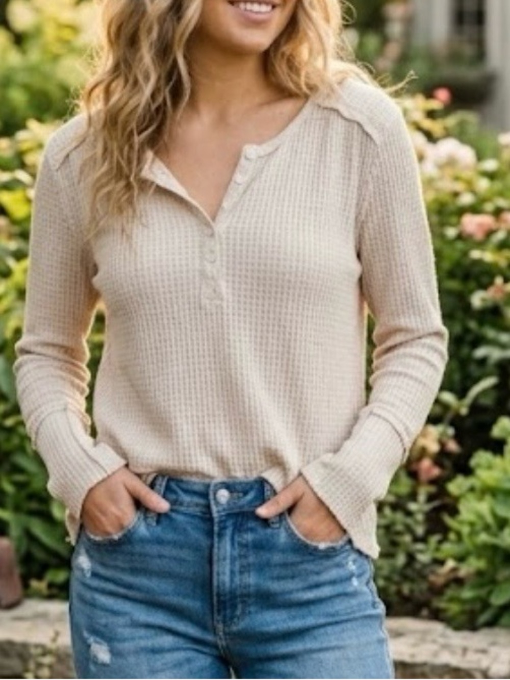 Anthropologie thermal henley waffle knit oatmeal exposed seams lightweight M